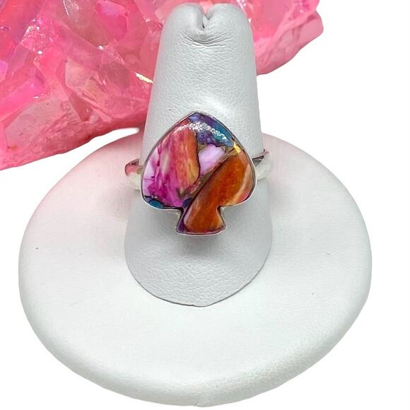 Hand Crafted Jewelry - Kingman Pink Dahlia Turquoise Spade Ring Size 9 Solid 925 Sterling Silver
